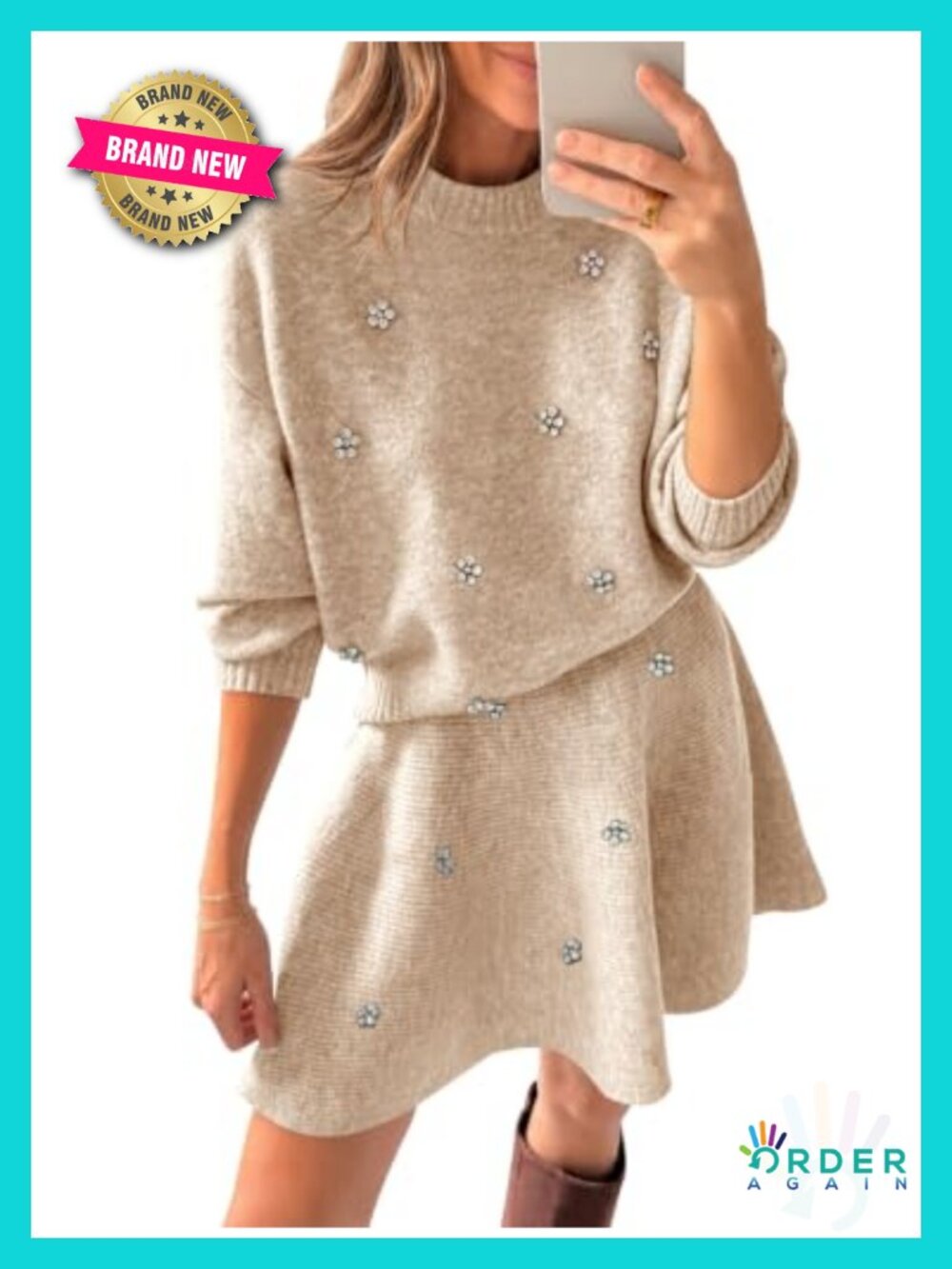 Rhinestone Knit 2 Piece Sweater Skirt Set Long Sleeve Crew Neck Mini